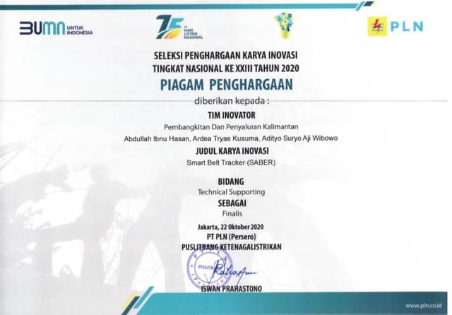 Top 10 Finalist in PT PLN (Persero) Innovation Competition 2020 certification picture